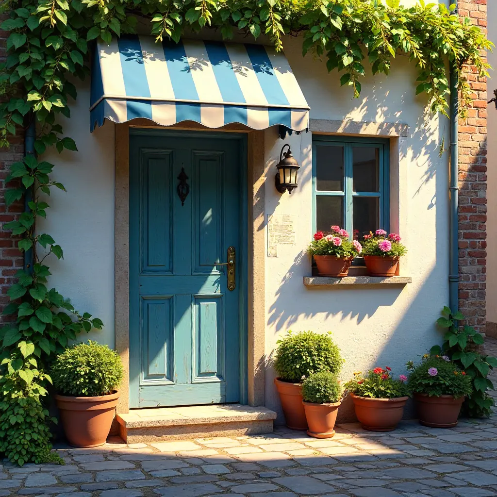 Quaint Doorway with Striped Awning and Plants in Sunlight