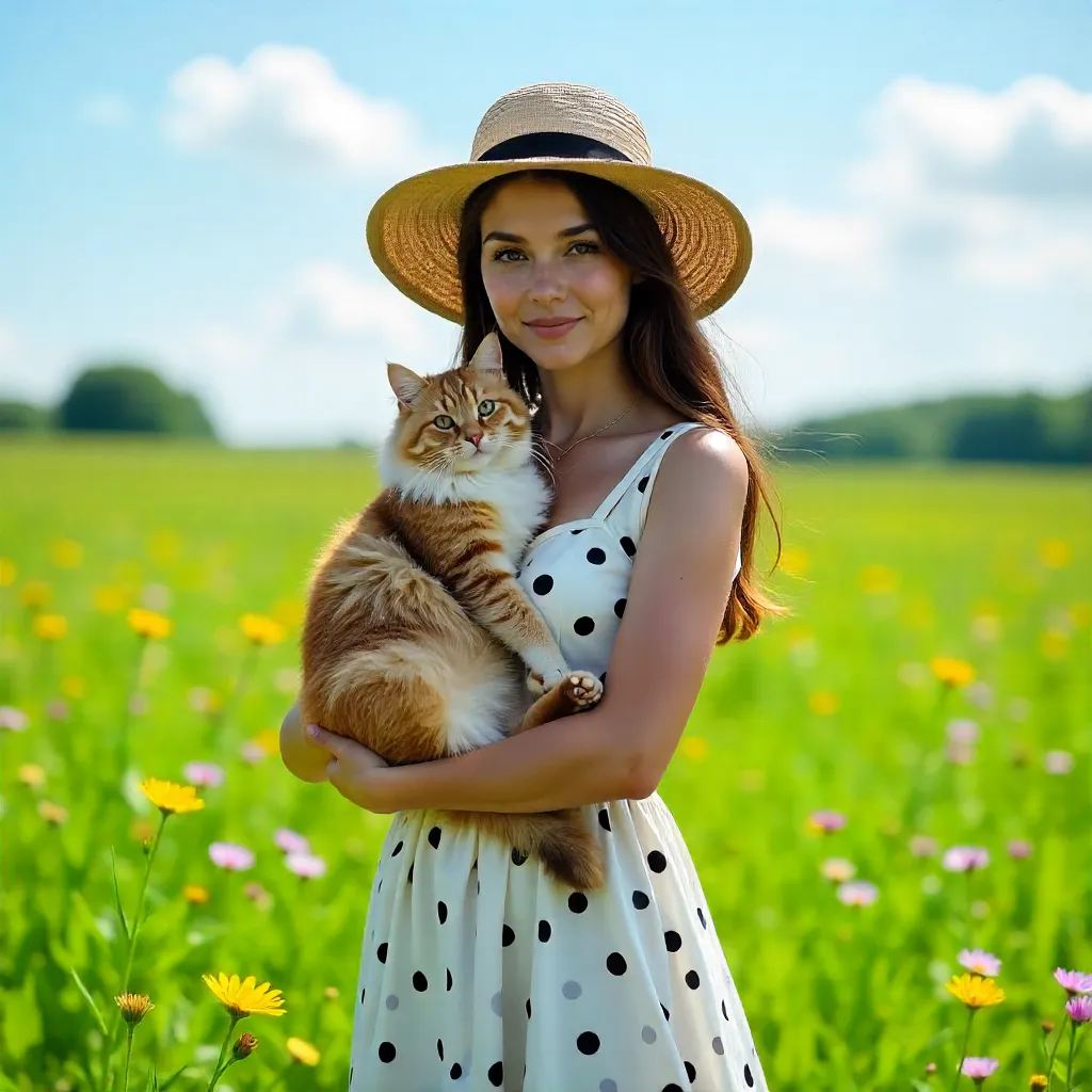 Sunlit Meadow Portrait: Woman with Fluffy Cat in Polka Dot Dress