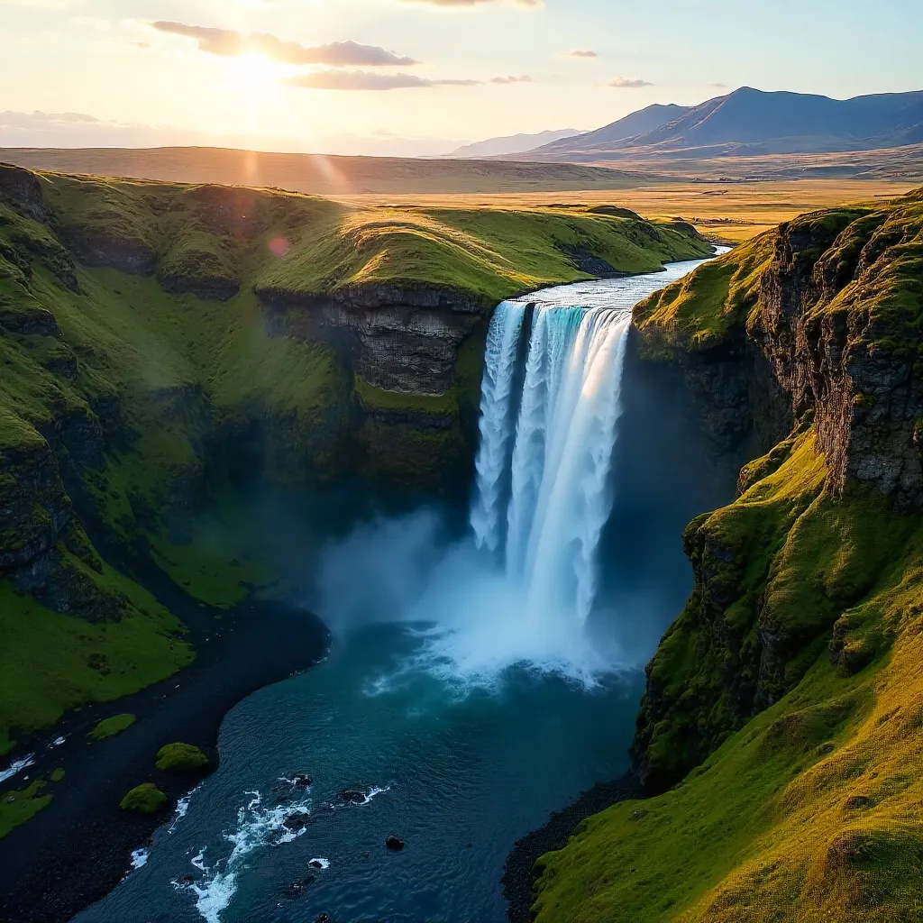 Aerial Majesty of Skógafoss Surrounded by Emerald Moss