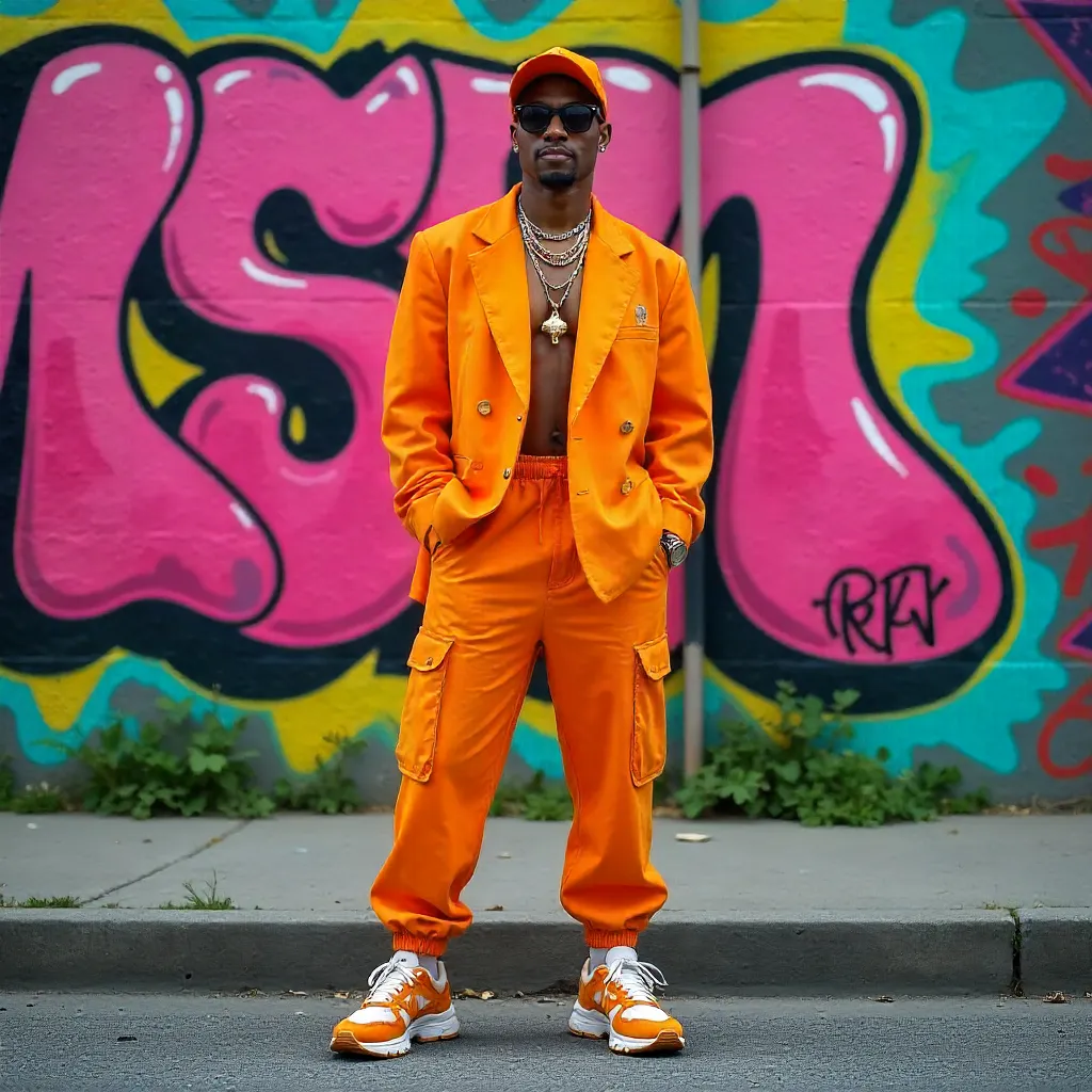 Orange Street Style by a Colorful Mural Wall