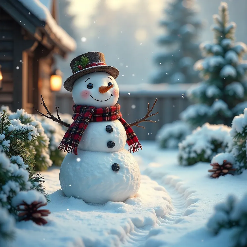 Charming Snowman in a Snowy Garden