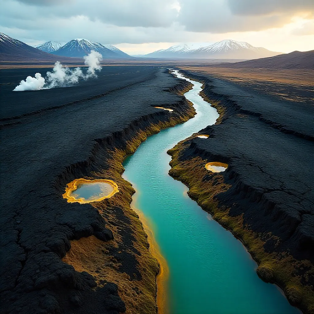Aerial Geothermal Landscape Over Icelandic River