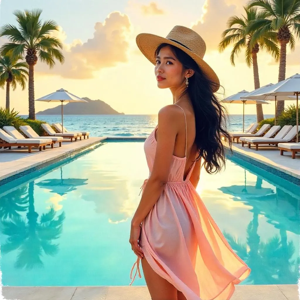 Watercolor Portrait of an Asian Woman at a Resort