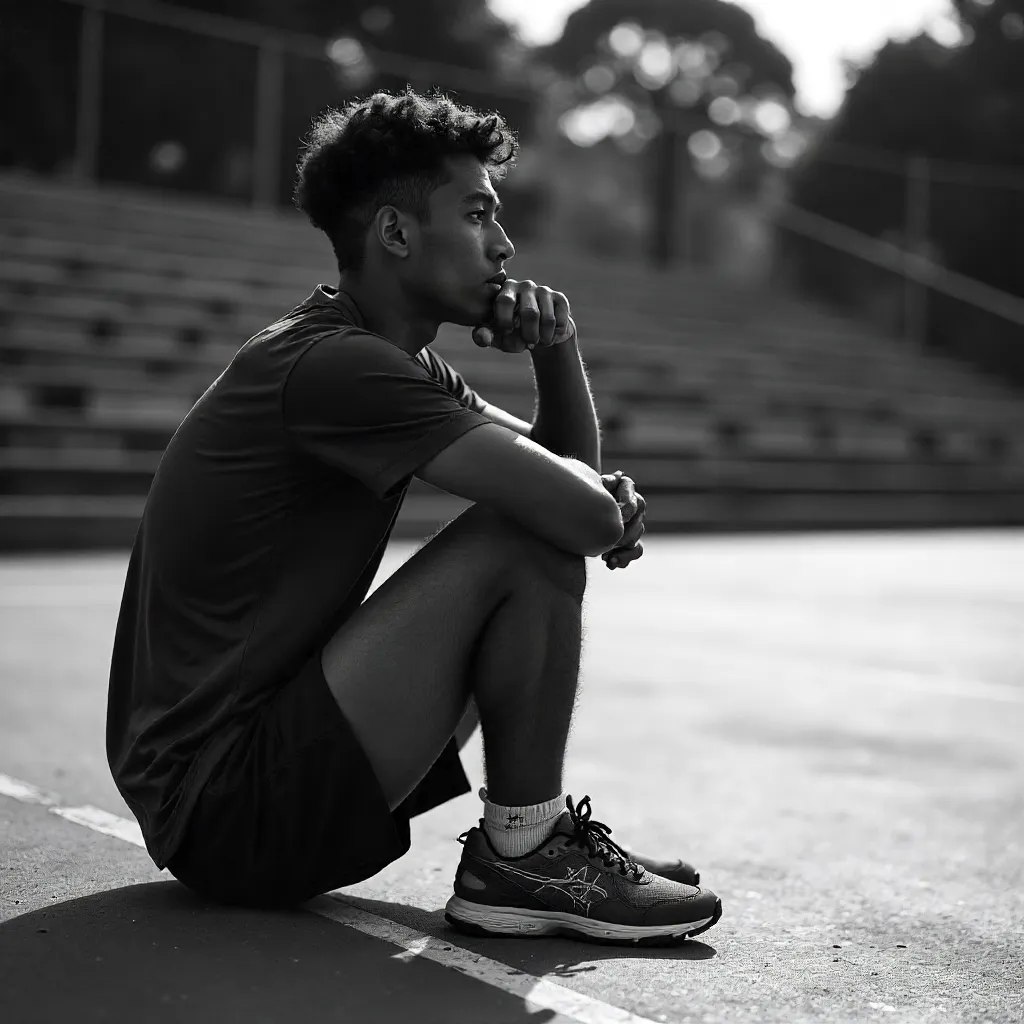 Contemplative Black-and-White Athlete on Outdoor Court