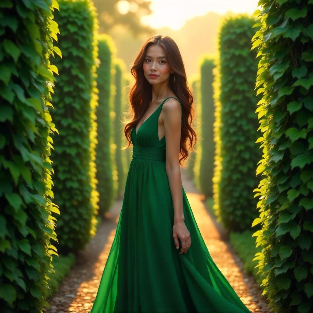Elegant Woman in a Hedge Maze: 3D Photoreal Render
