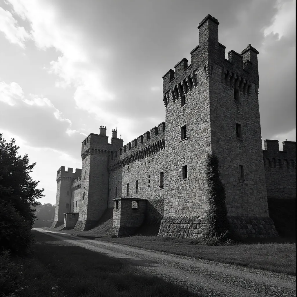 Monochrome Castle Walls Under Cloudy Sky