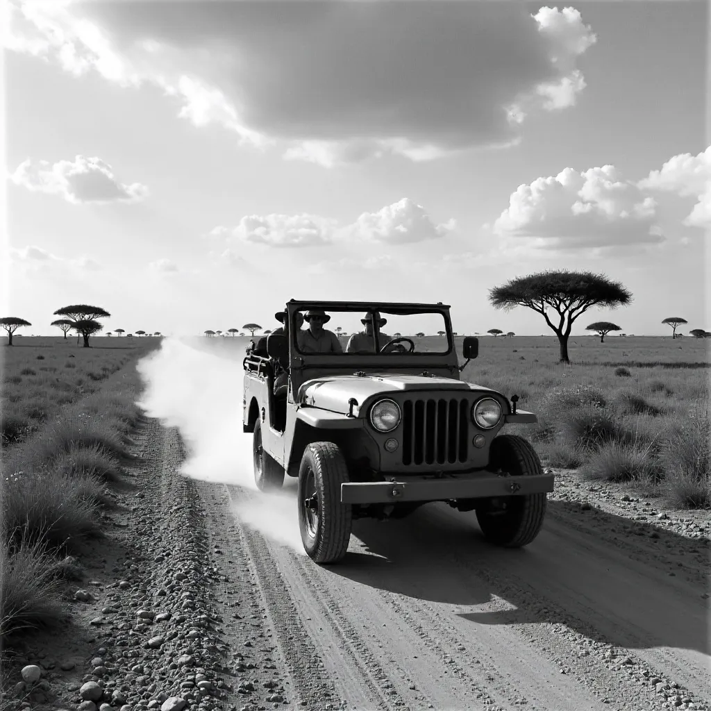 Monochrome Safari: Open Jeep on Dusty Road