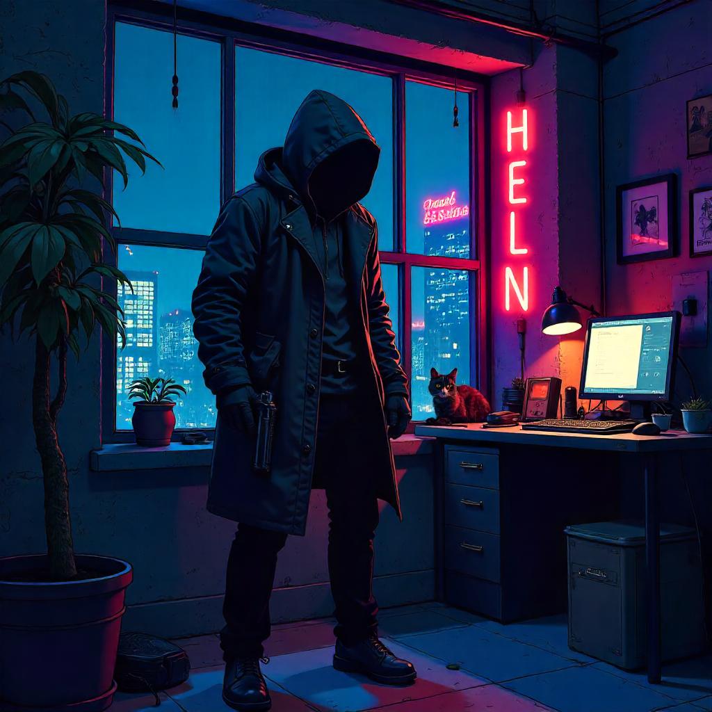 Cartoon Assassin in a Neon Loft