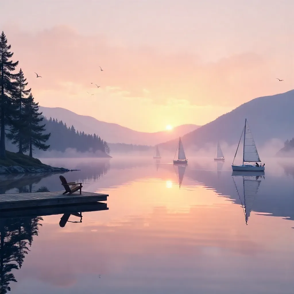 Dawn on a Peaceful Lake with Sailboats