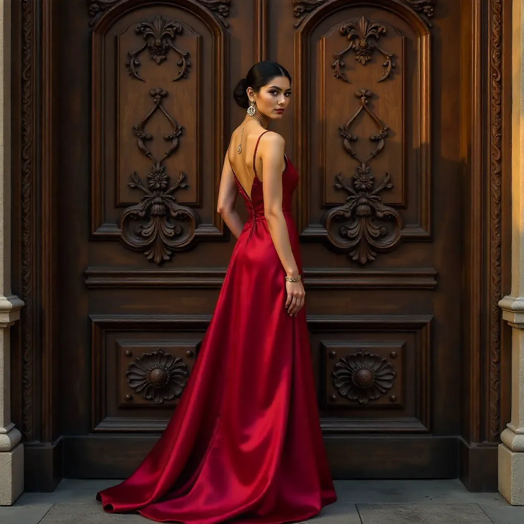 Elegance Before the Carved Wooden Door
