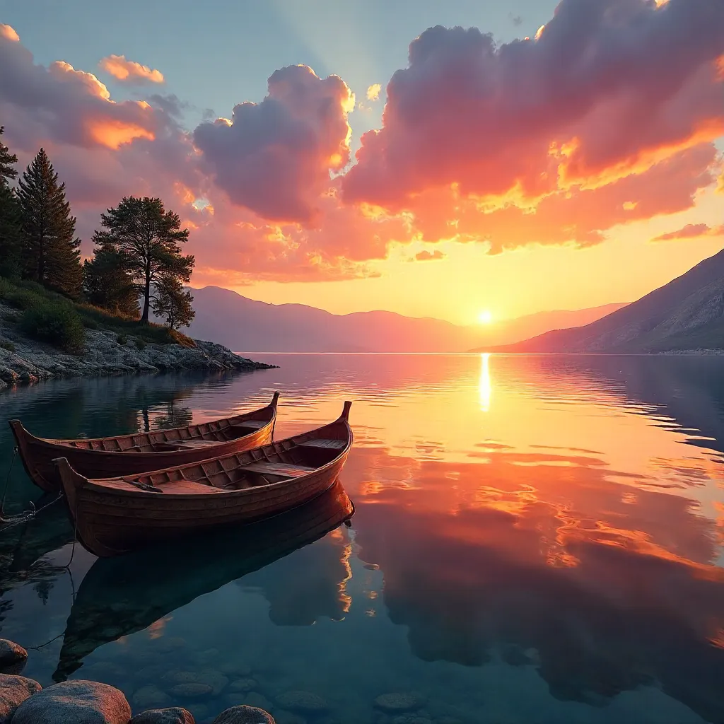 Serene Sunset Over Lake Ohrid with Boats
