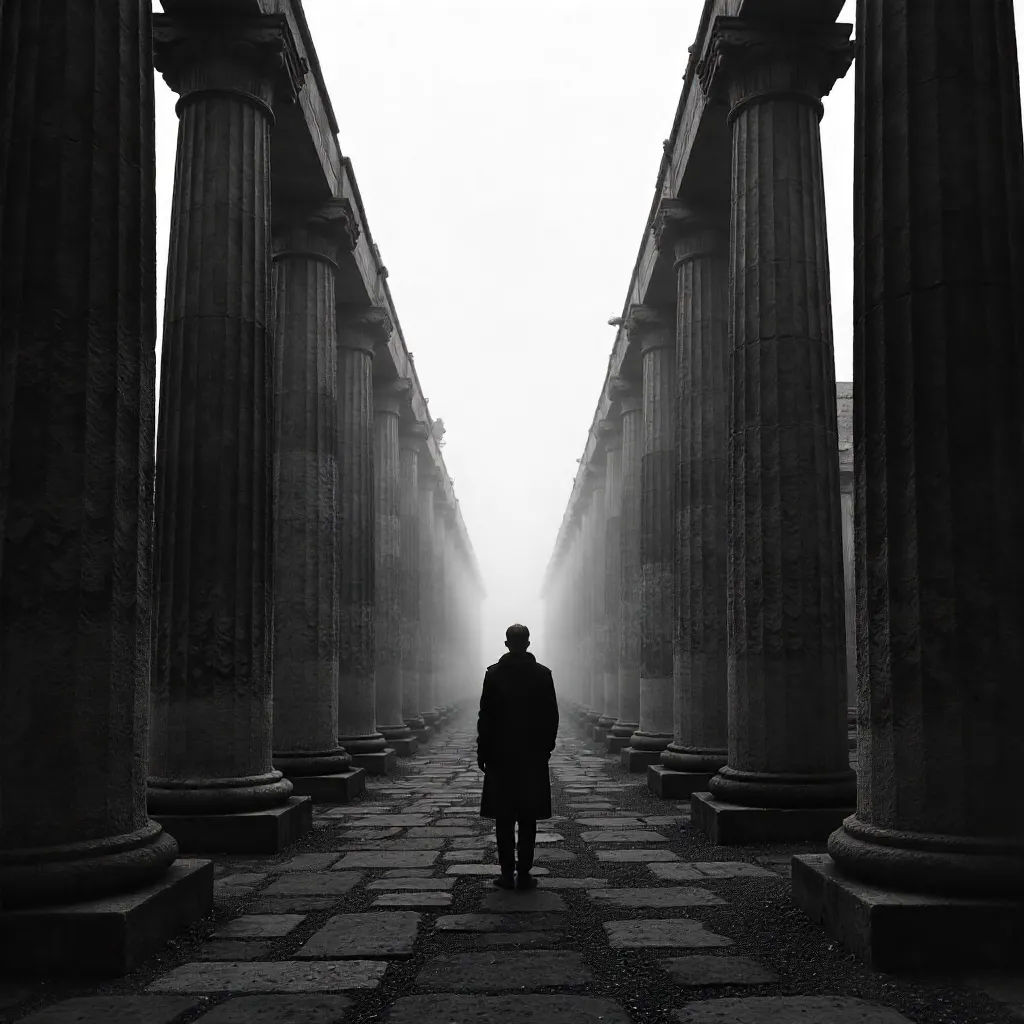 Lone Figure Between Ancient Pillars on a Historic Path