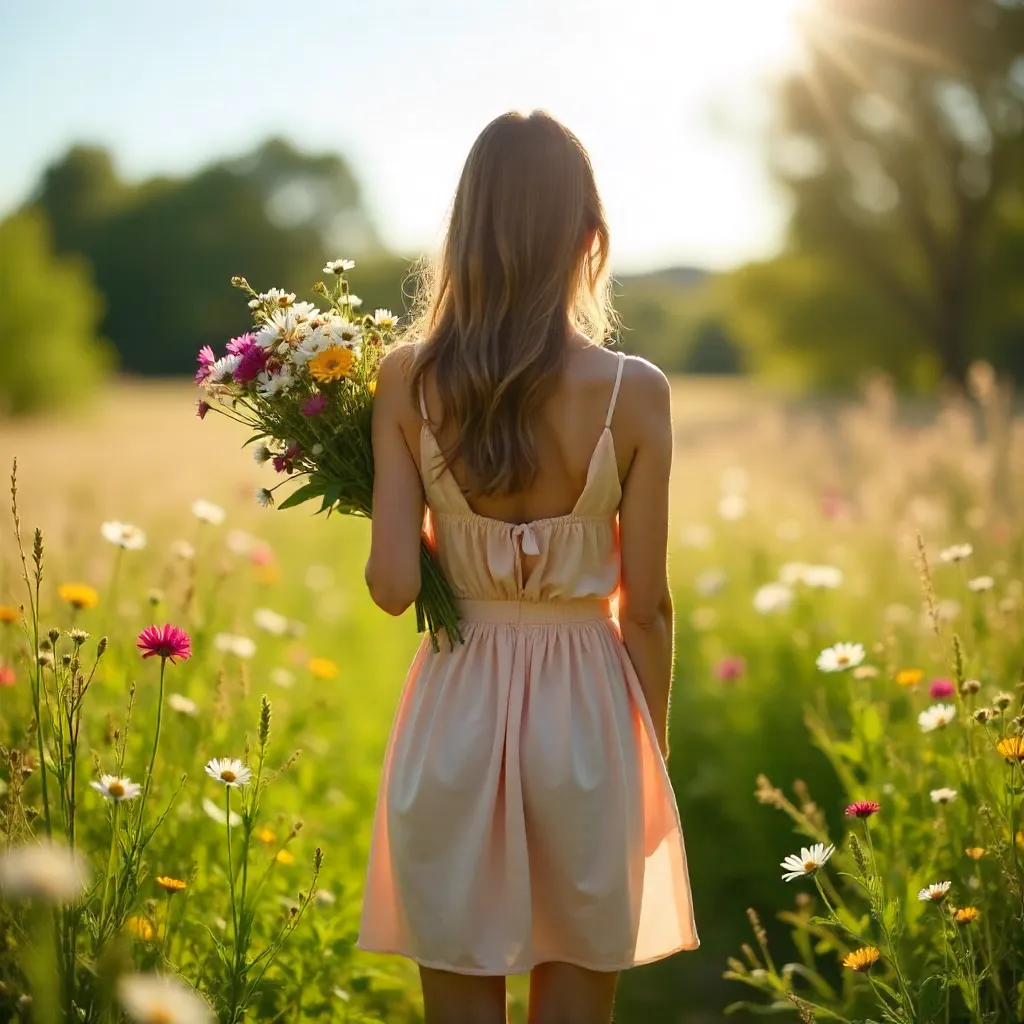 Back View of a Woman in a Spring Meadow Embracing Nature