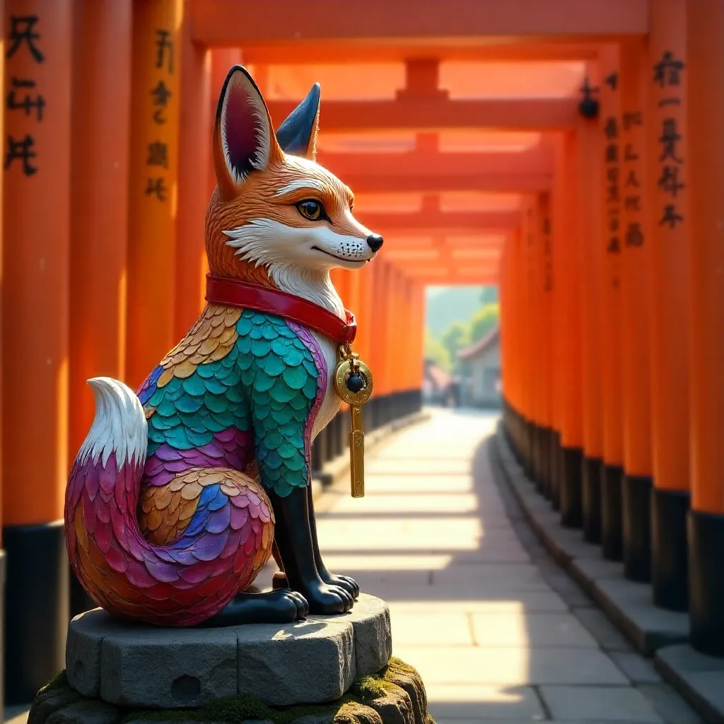 Colorful Kitsune Among Fushimi Inari Torii Gates