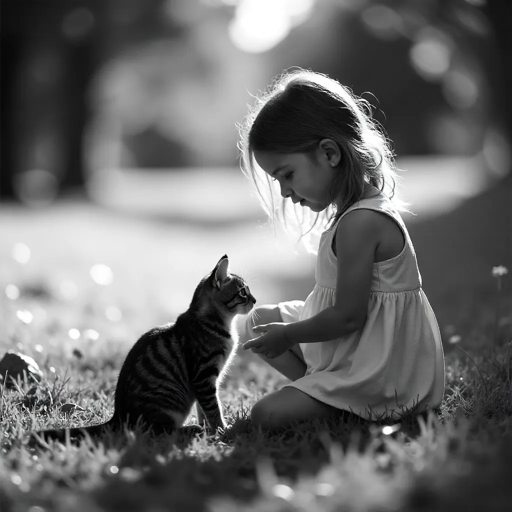 Artistic Black-and-White Portrait: Girl and Cat Outdoors