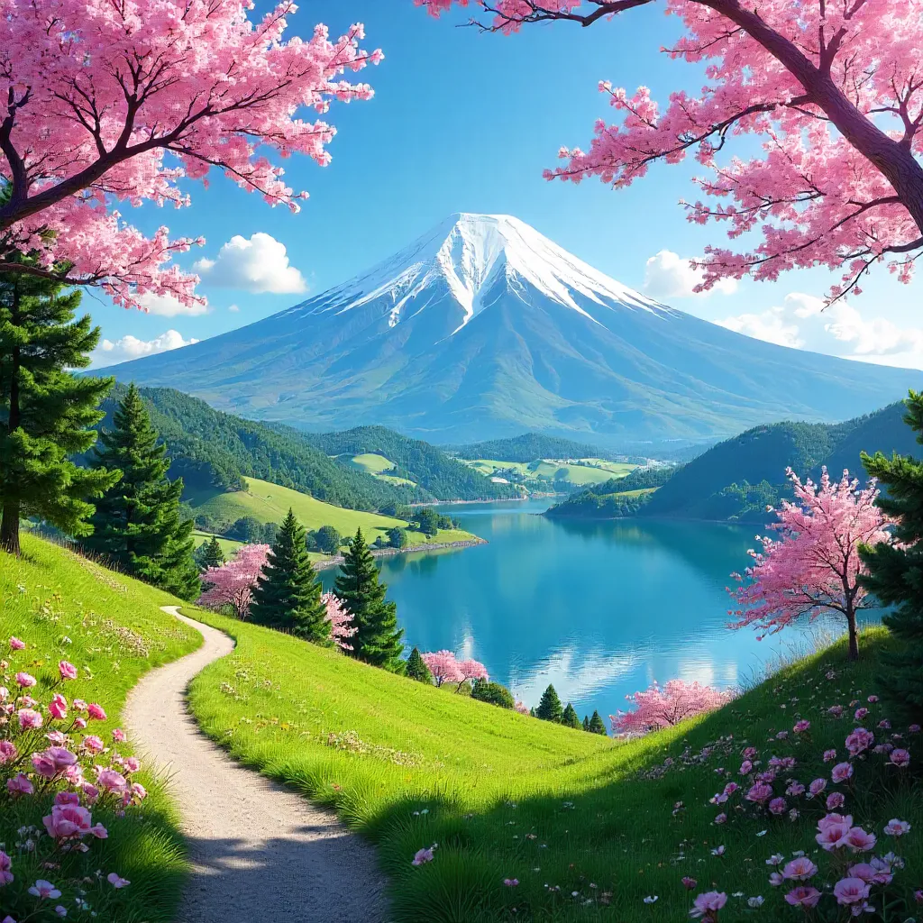 Captivating Spring View: Mount Fuji and Verdant Valleys