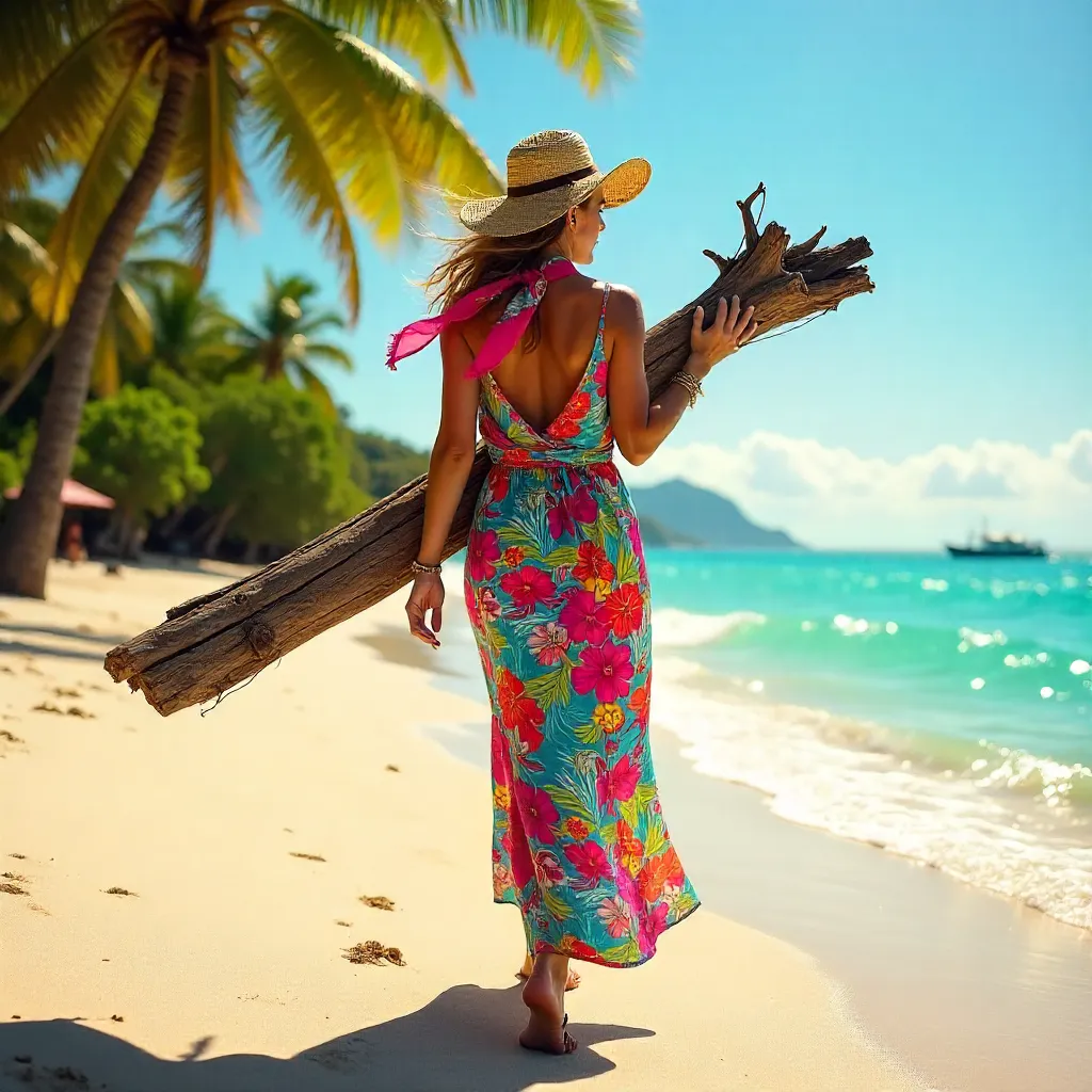 Driftwood Walk on a Vibrant Tropical Beach