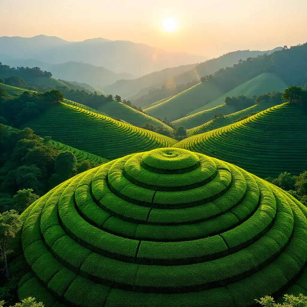 Aerial Circular Tea Plantations in Sunlit Hills