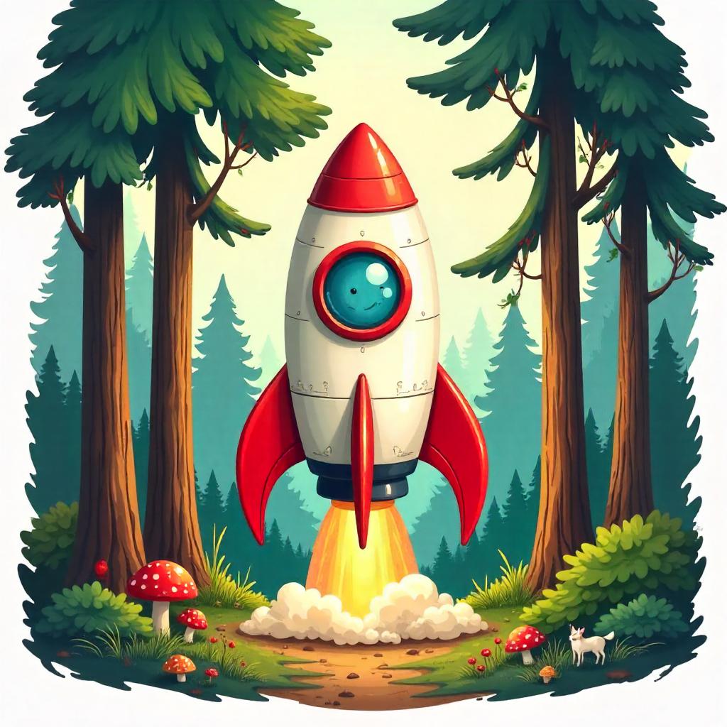 Whimsical Cartoon Rocket in a Pine Forest