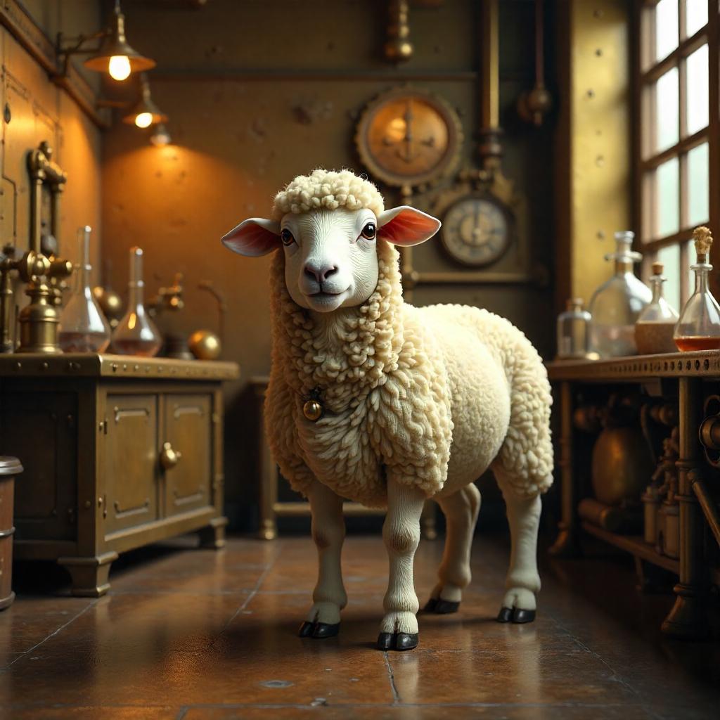 Photoreal Sheep in a Brass Laboratory