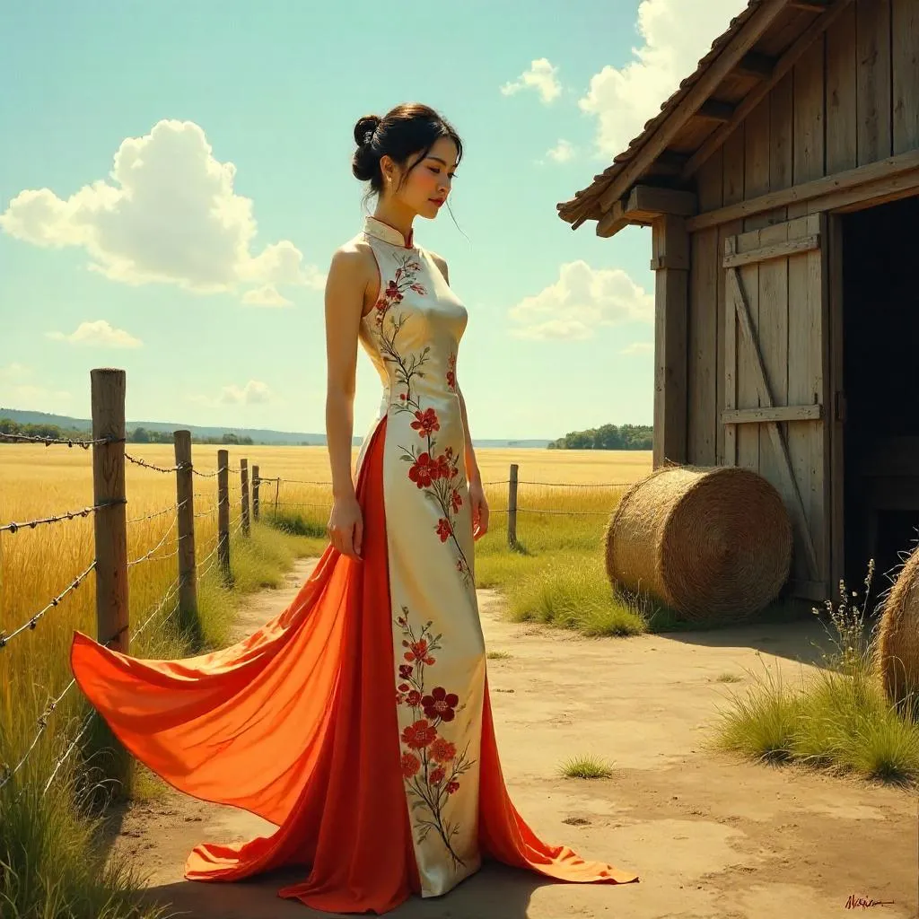 Elegant Asian Woman in an Oil Painting on a Farm