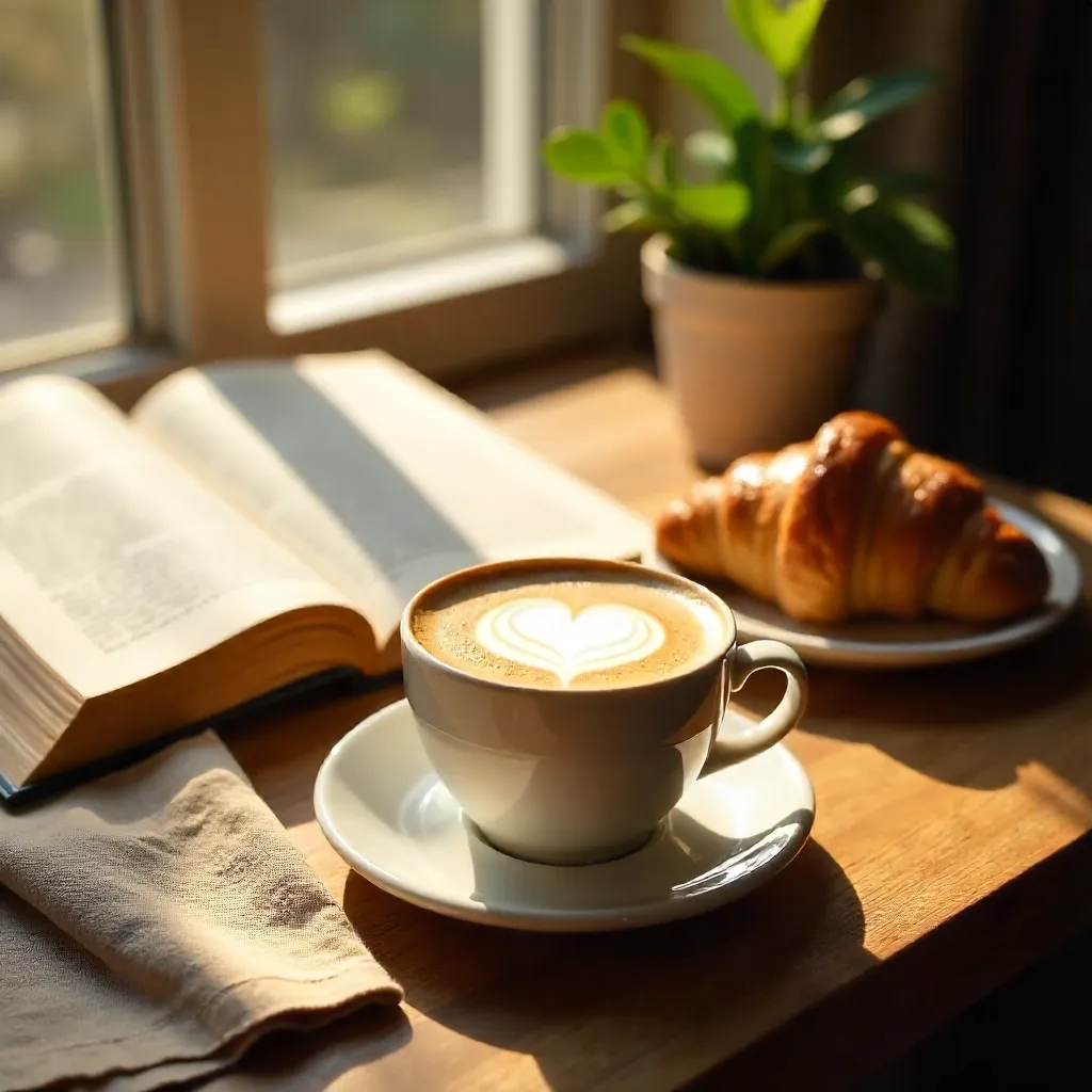 Cozy Morning Breakfast: Latte, Croissant, and a Book