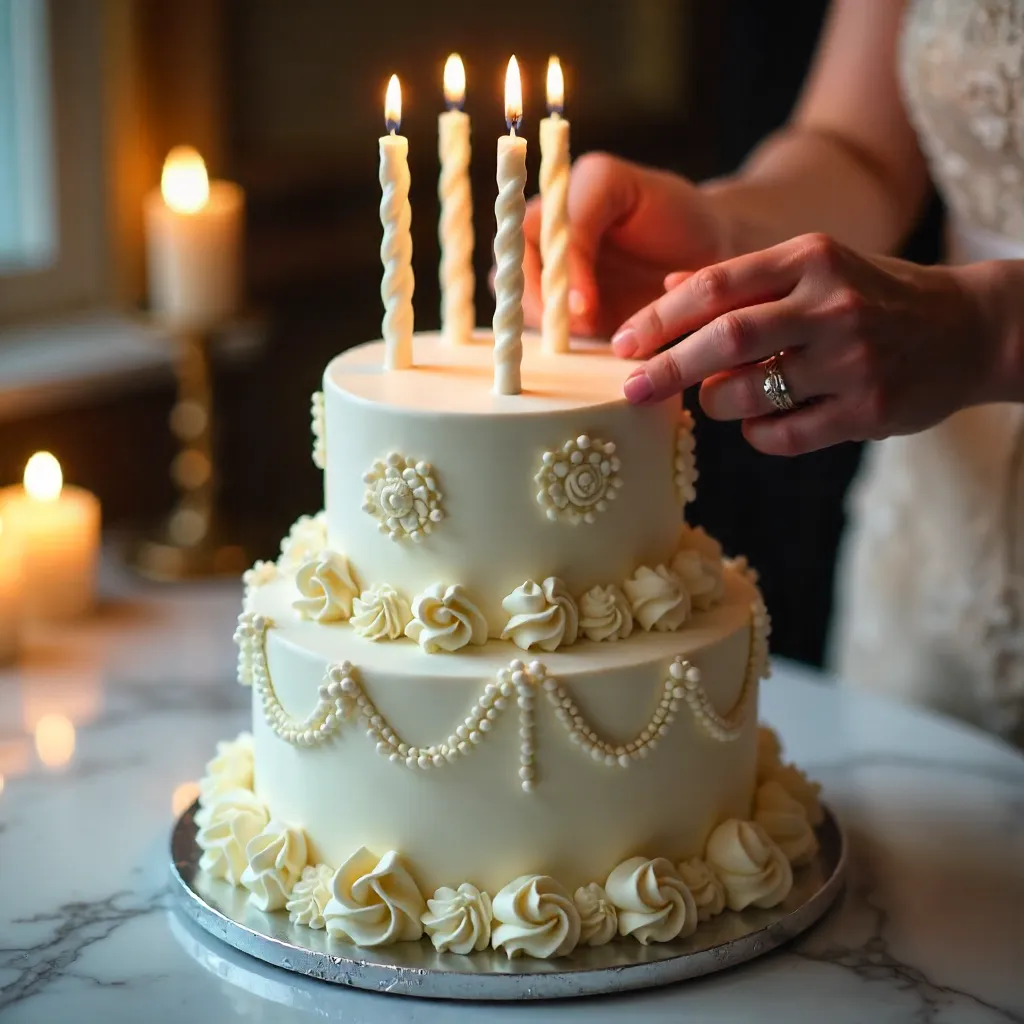 Elegant White Cake with Ornate Icing and Twisted Candles