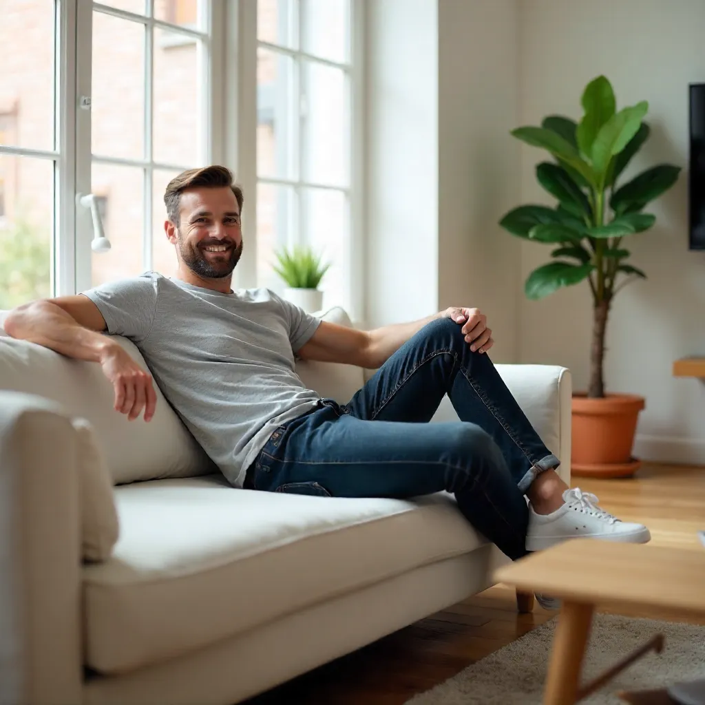 Relaxed Man in Casual Attire in Bright Living Room