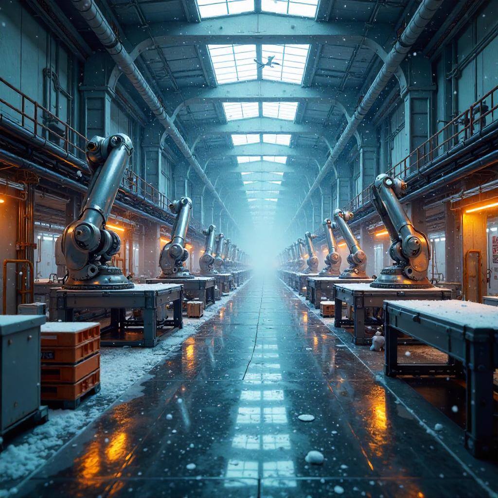 Snowfall in a Futuristic Robot Factory (3D Render)