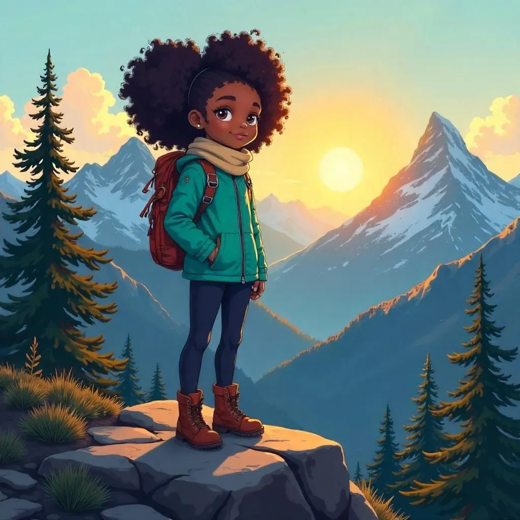 Radiant Black Girl in Mountain Anime Landscape