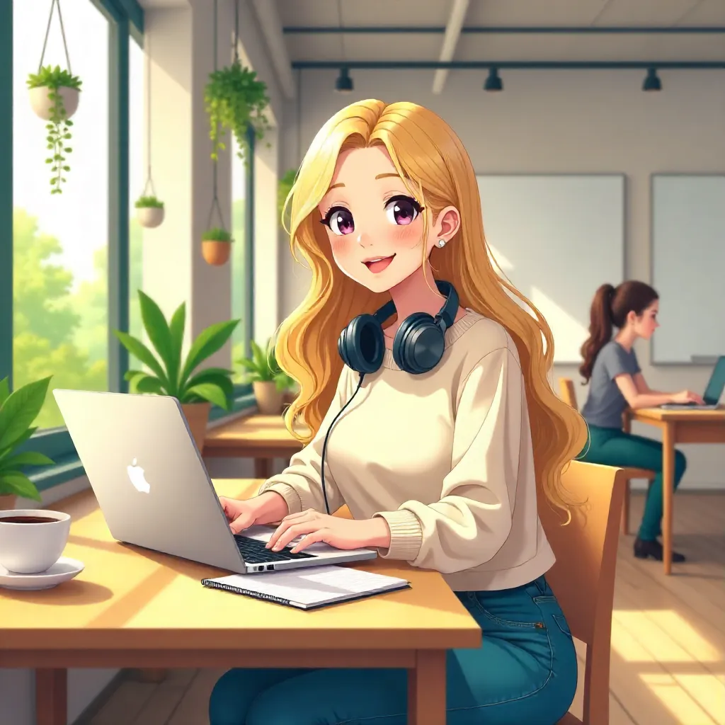 Cheerful Anime-Style White Woman in Coworking Space