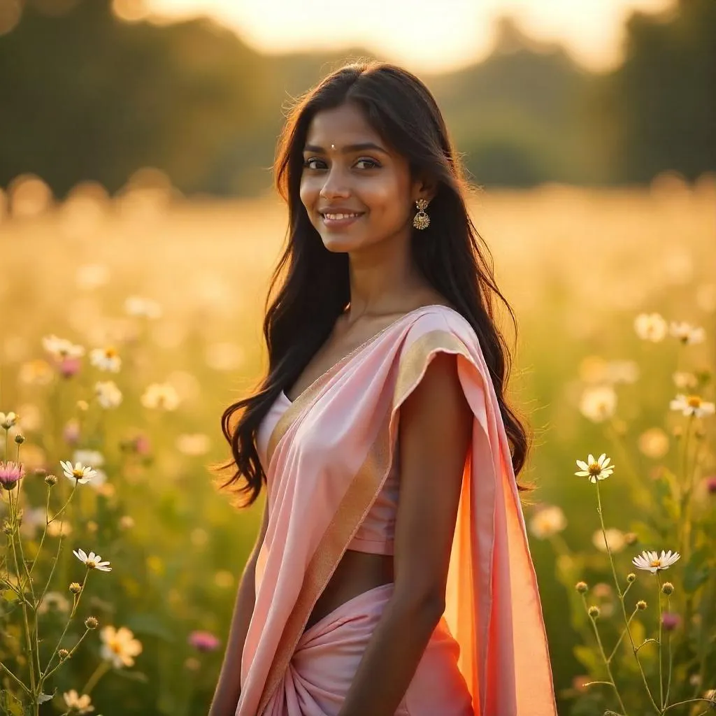 Photorealistic Portrait: A Young Indian Woman in a Field of Flowers