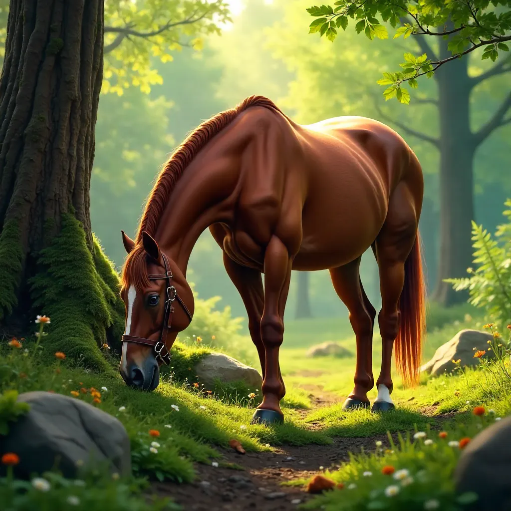 Brown Horse Grazing in a Serene Forest Glade