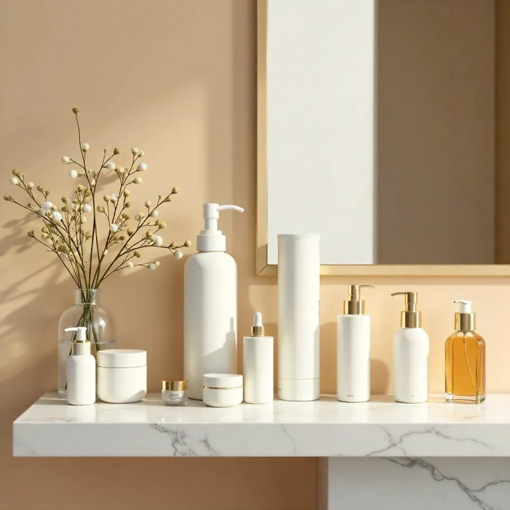 Elegant Bathroom Scene: Reusable Containers on Marble Shelf
