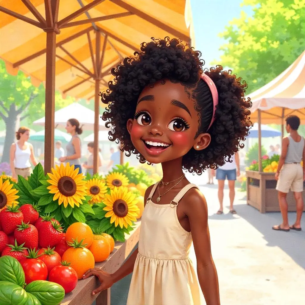 Cheerful Black Girl at a Sunlit Farmers Market