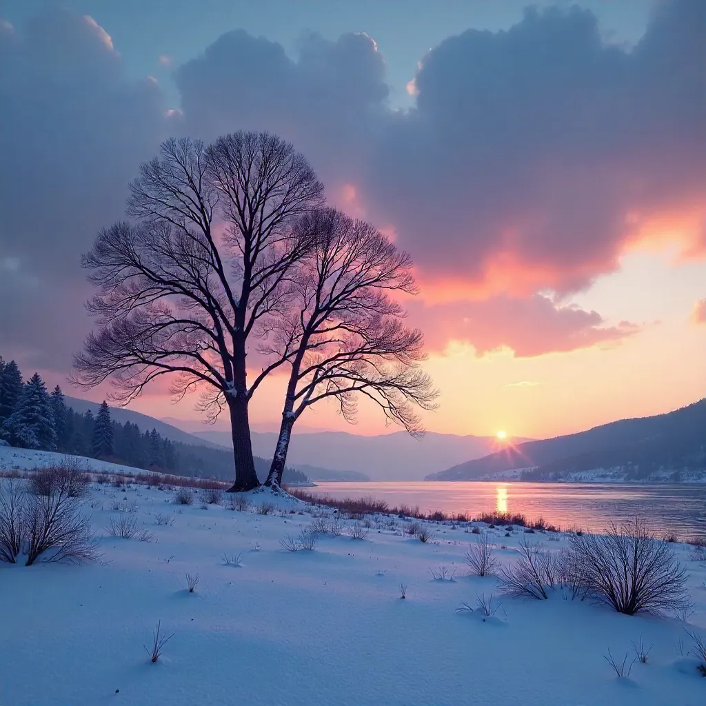 Two Bare Trees Under a Colorful Twilight Sky