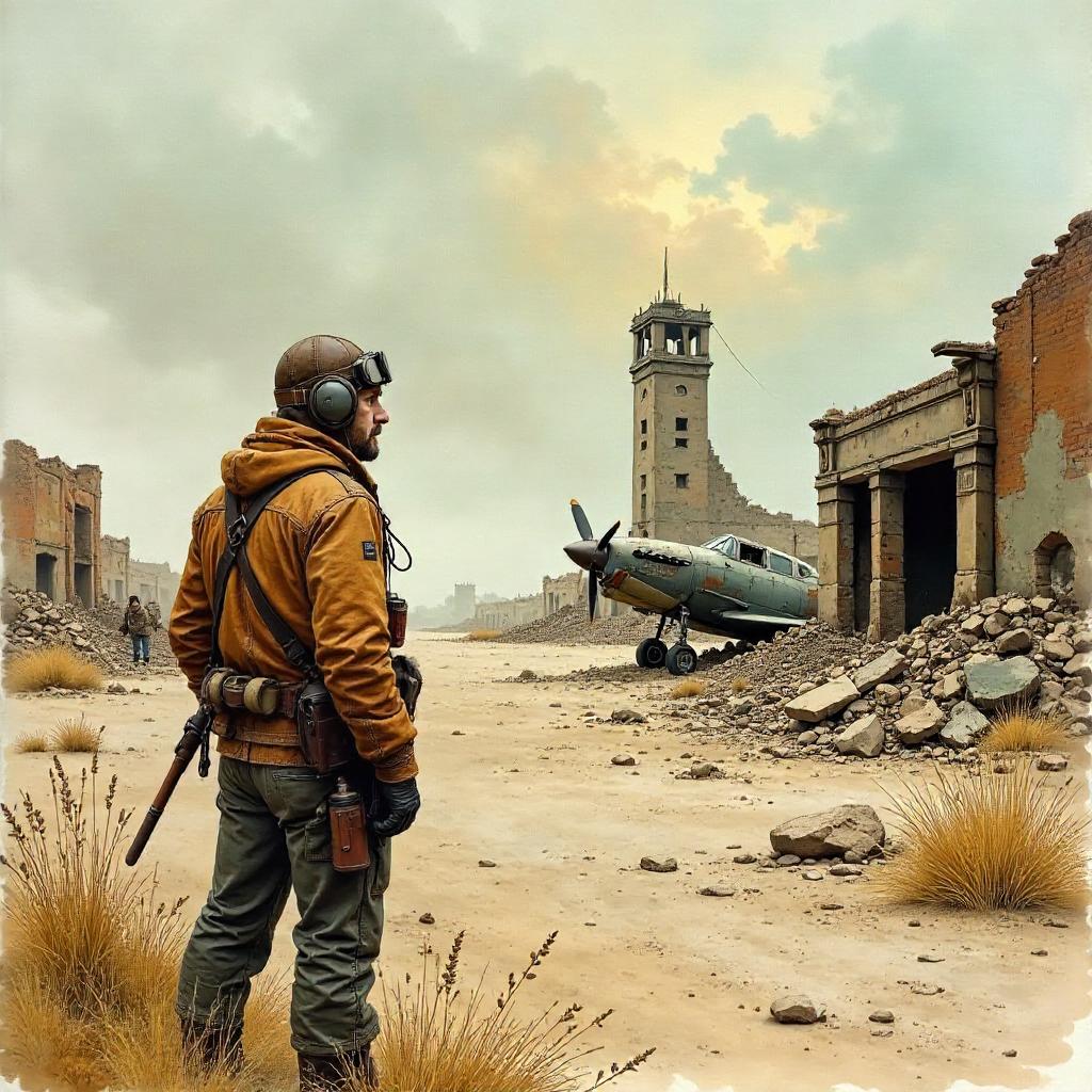 Watercolor Pilot Among Ruined Airfield