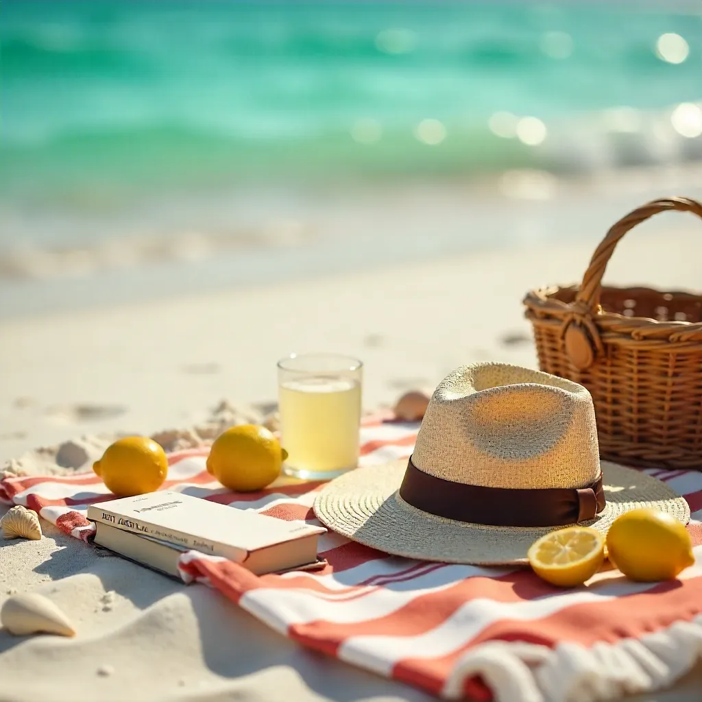 Sunlit Beach Picnic: Lemons, Hat, and a Book