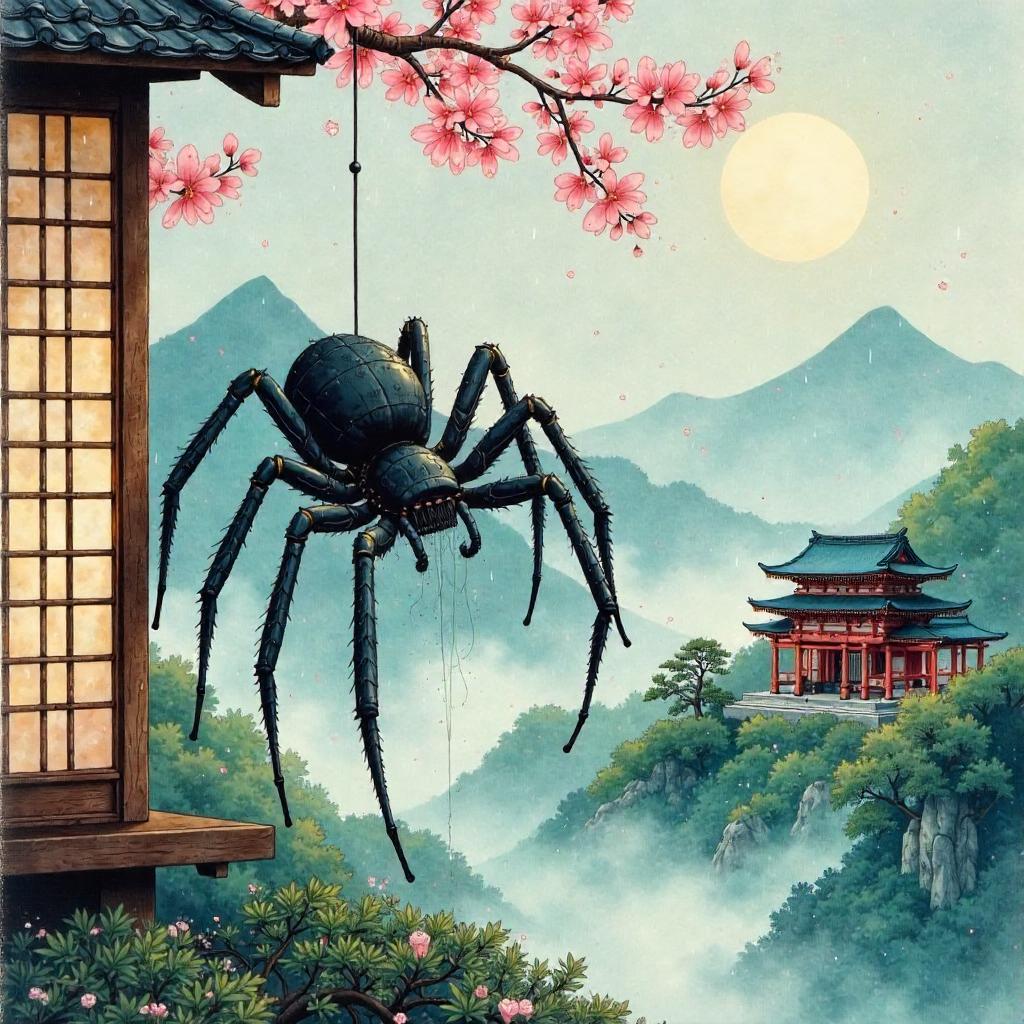 Moonlit Edo Garden: Feudal Japan Watercolor Spider