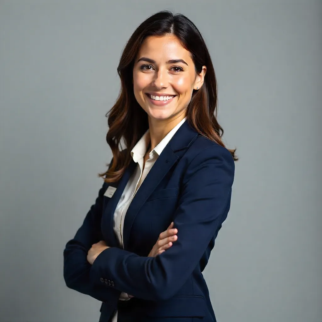 Confident Woman in Uniform Against Gray Backdrop