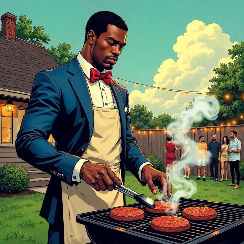 Elegant Black Man at a Backyard Barbecue - Comic Book Style