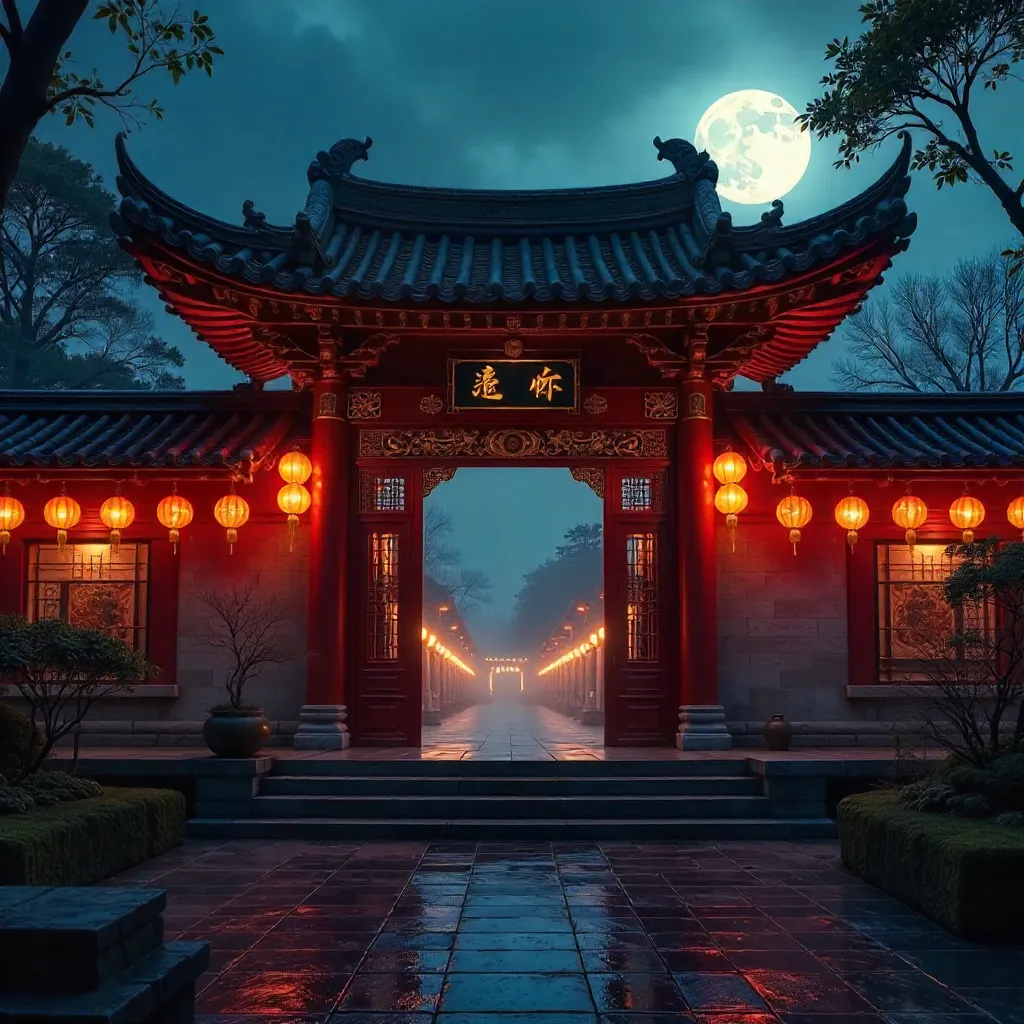 Moonlit Chinese Temple Entrance with Red Lanterns