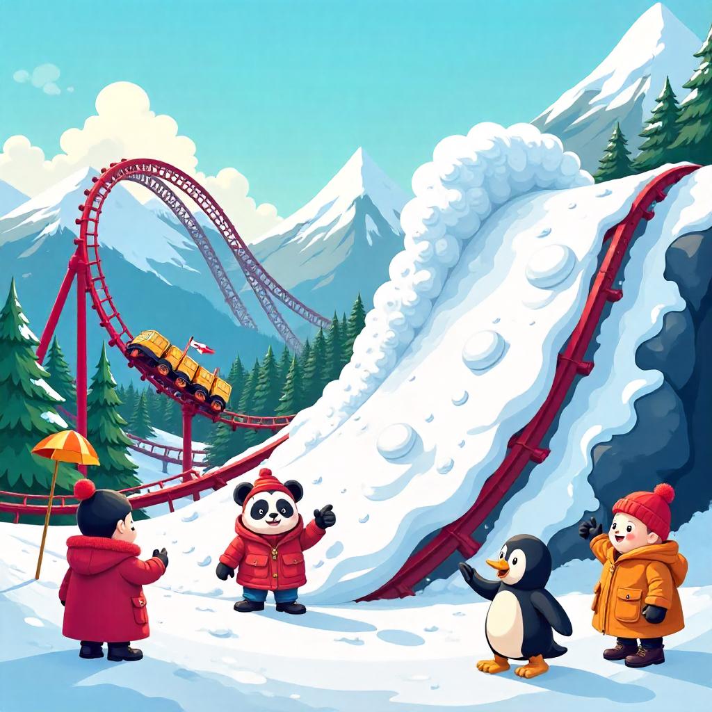 Cartoon Avalanche in a Colorful Amusement Park