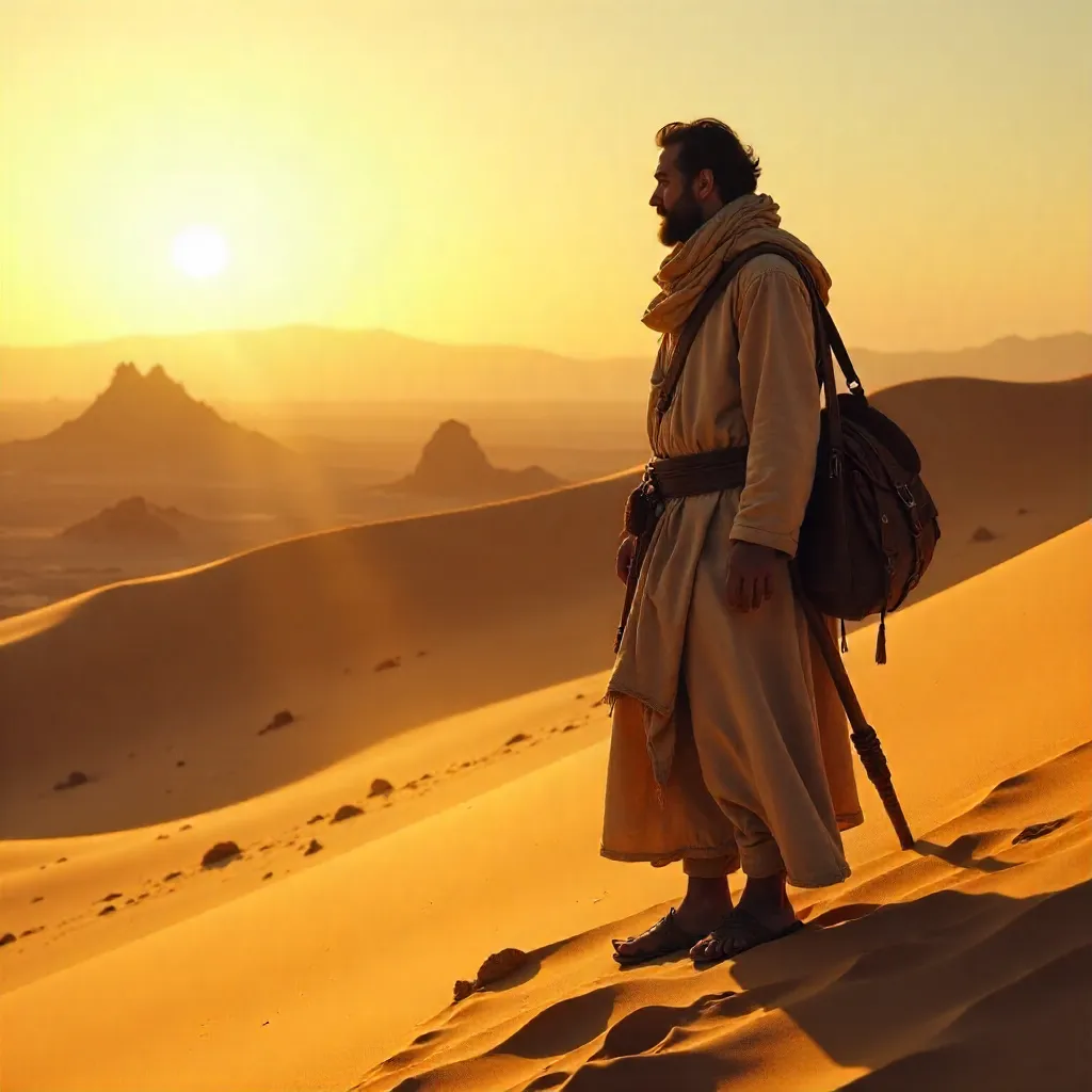 Desert Wanderer: Hooded Traveler at Sunset