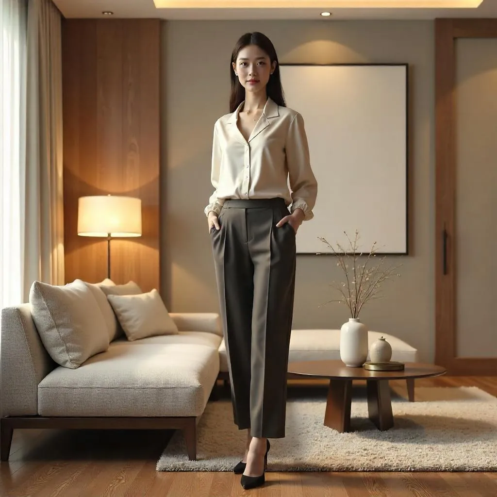 Elegant Asian Woman in a Modern Living Room 3D Render
