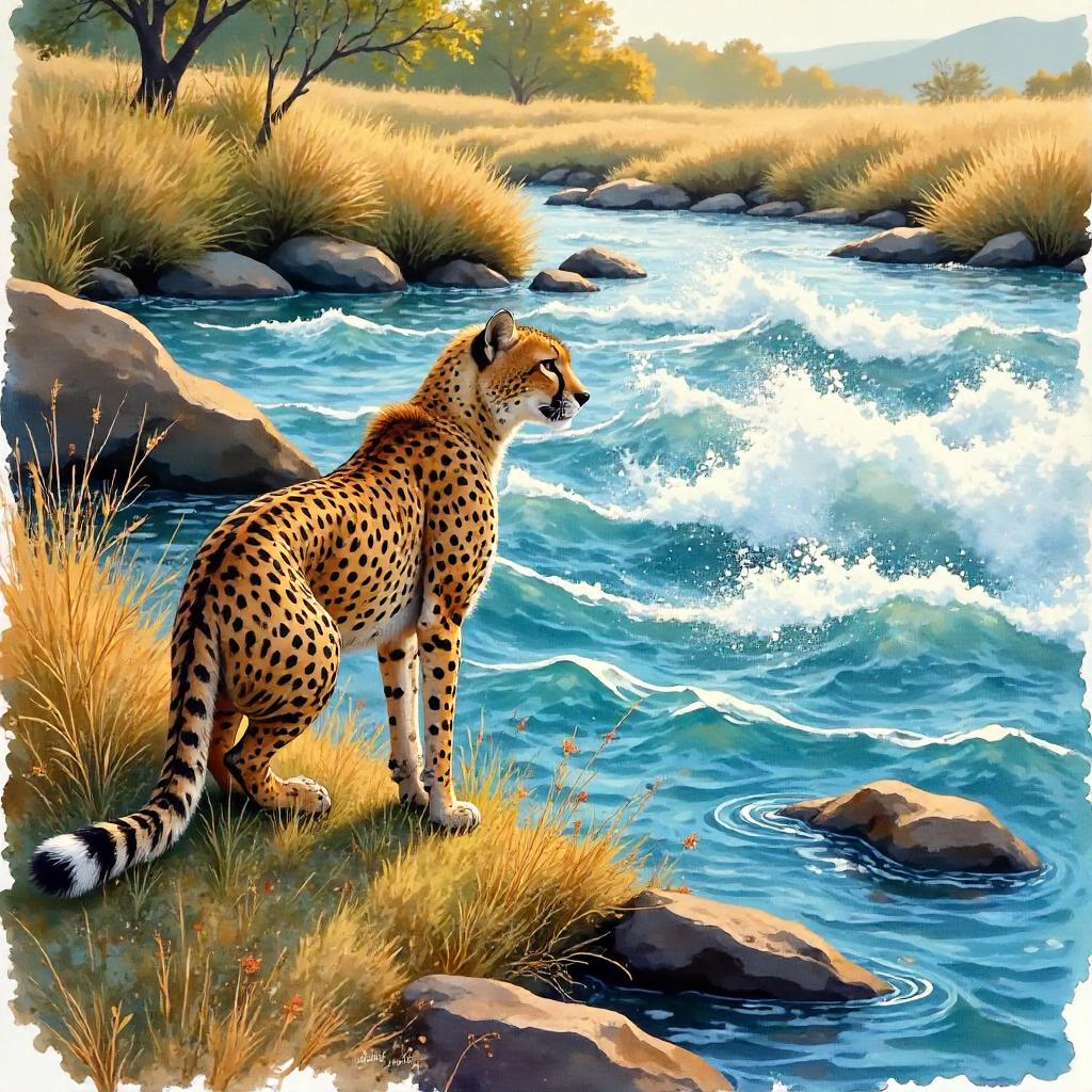 Cheetah by a Rushing River in Watercolor