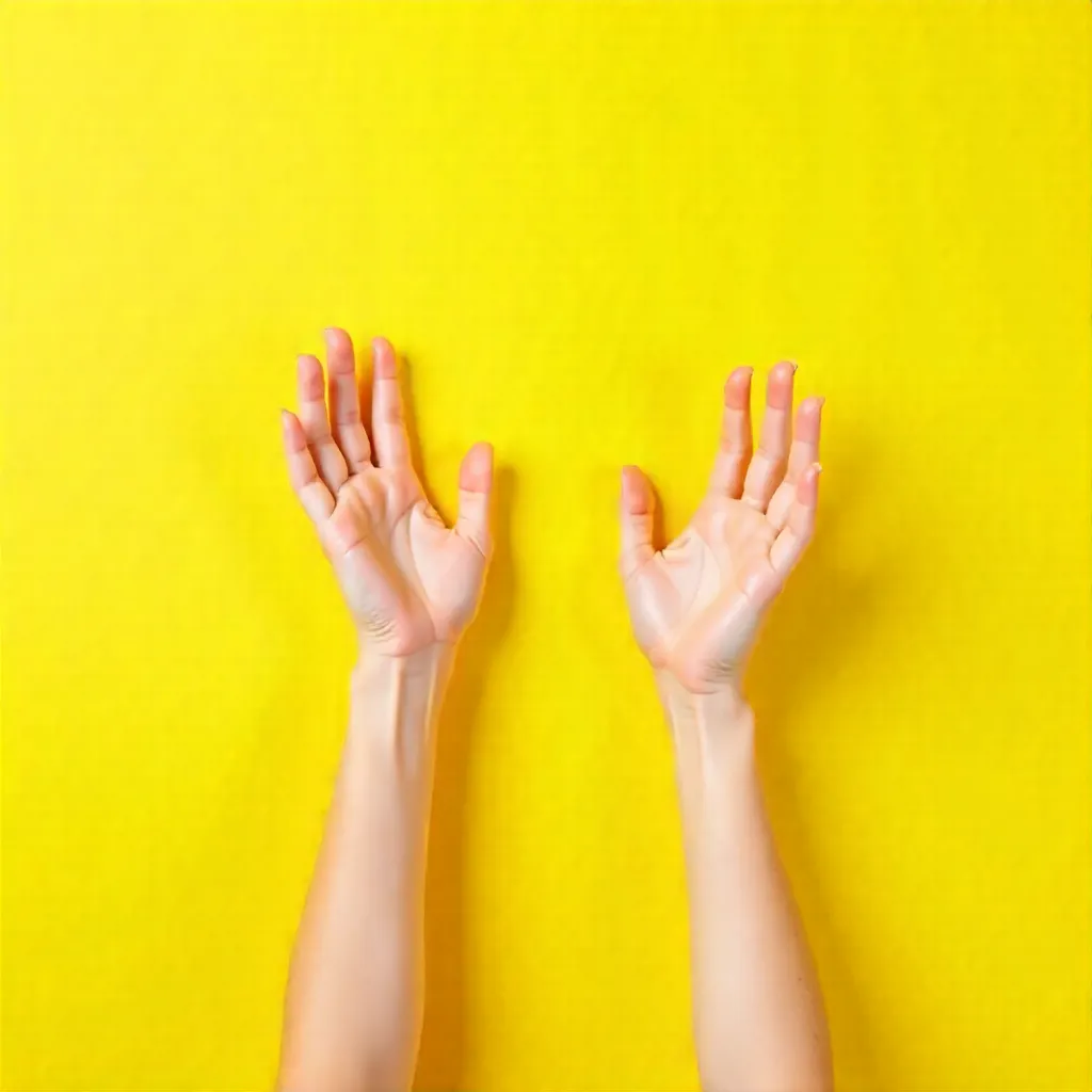 Minimalist Hands Reaching Toward a Bright Yellow Wall