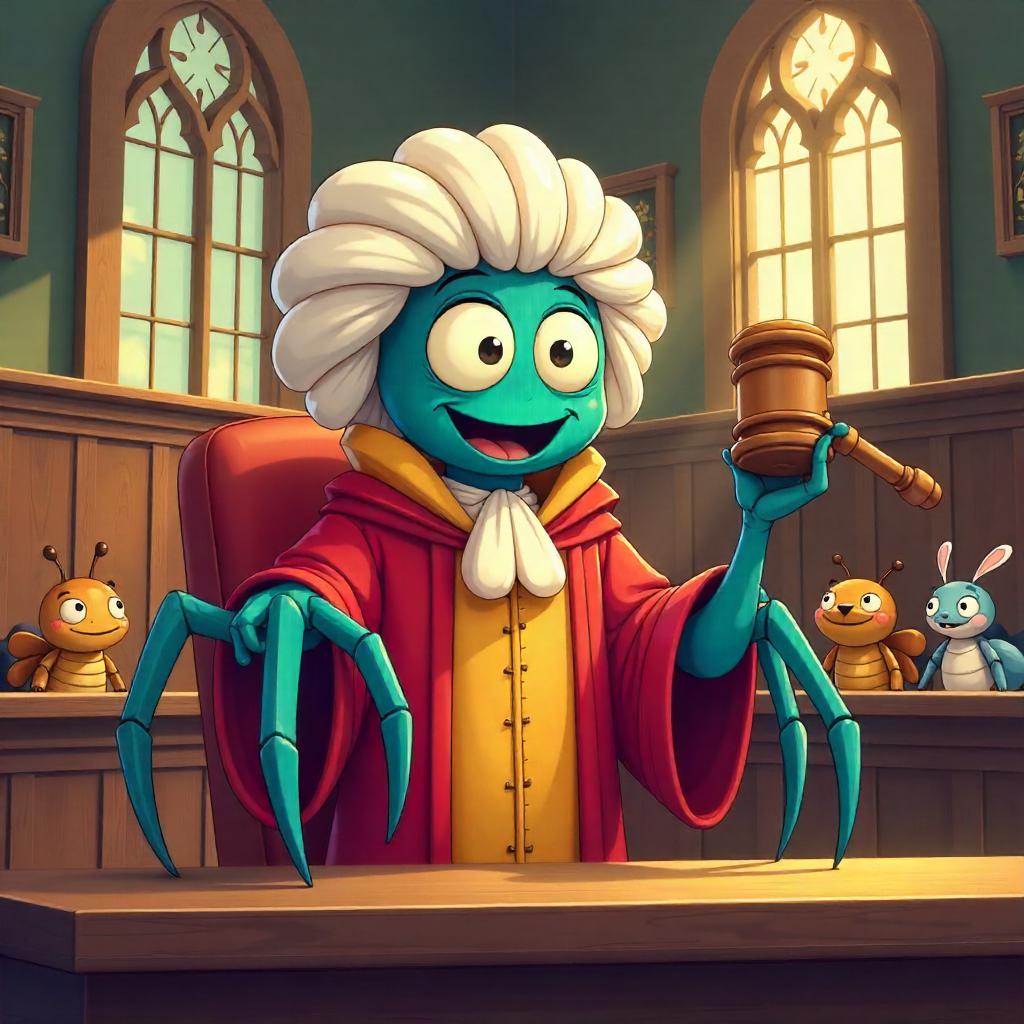 Cartoon Spider Judge in Courthouse