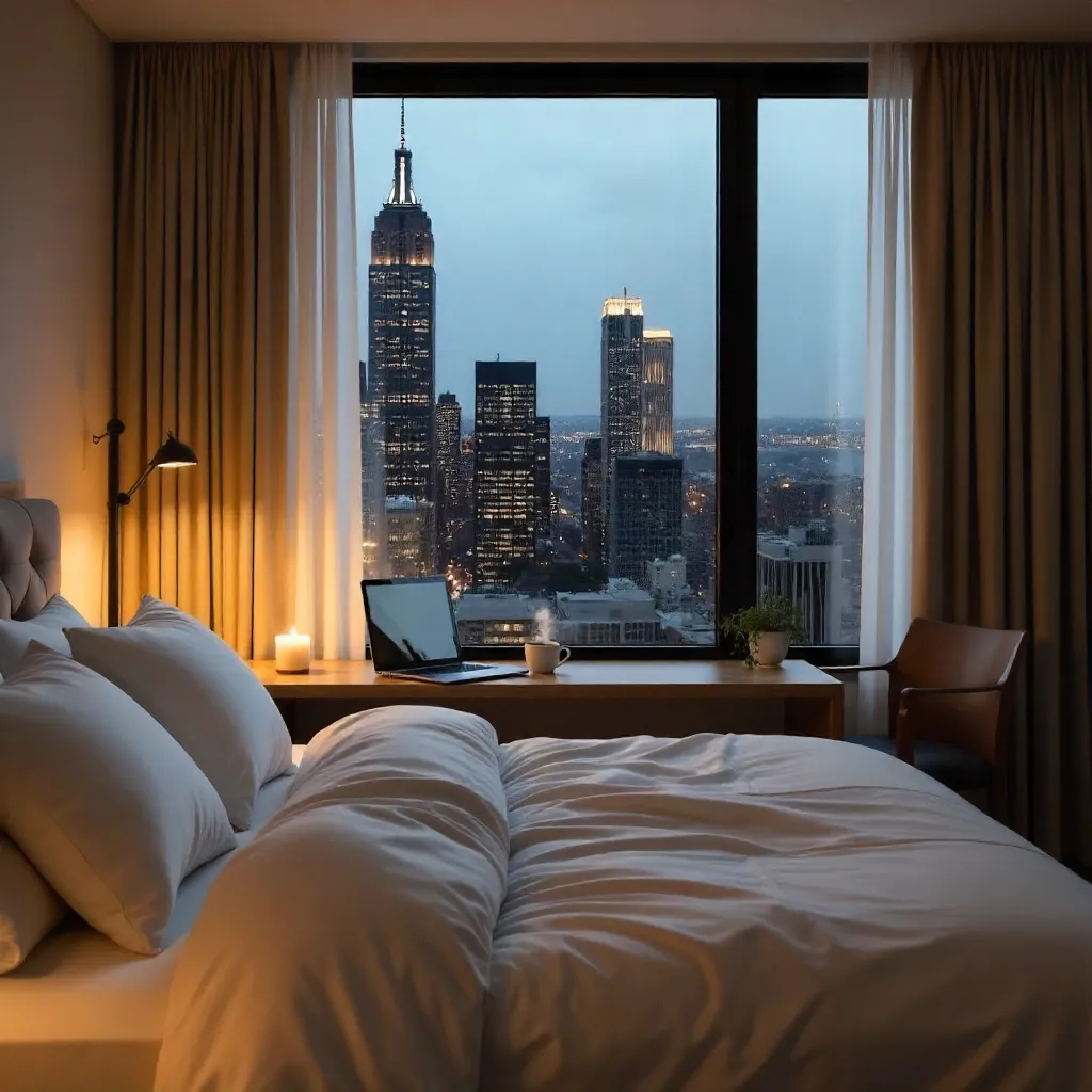 Cozy Hotel Room with City View from Bed