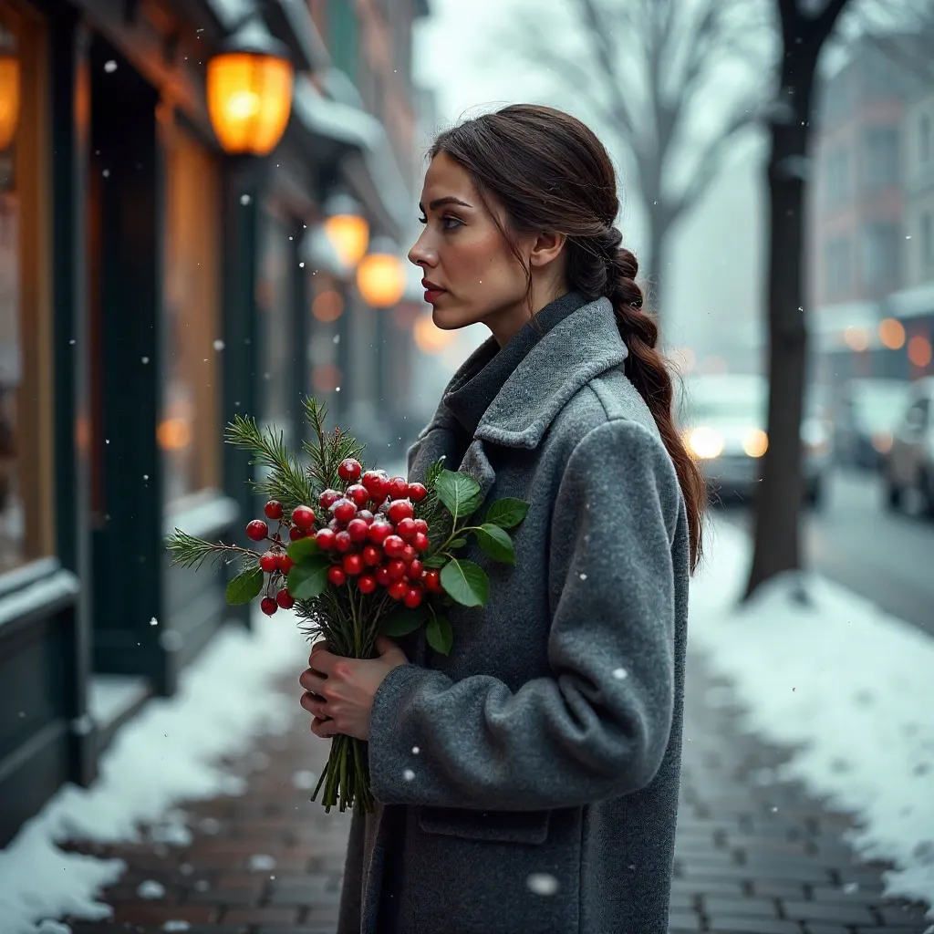 Winter Street Woman in Gray Coat with Red Berry Bouquet